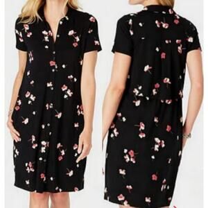 J. Jill Size S Floral Short Sleeve Button Down Knee Length Shirt Dress Black